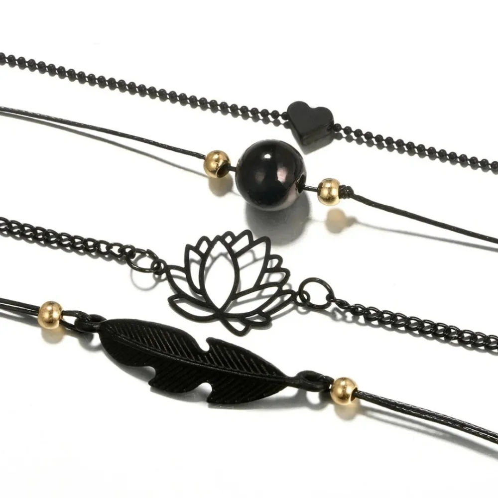 4pc Black & Gold Charm Layering Bracelets Feather Lotus Flower Heart Bead - Picture 3 of 13